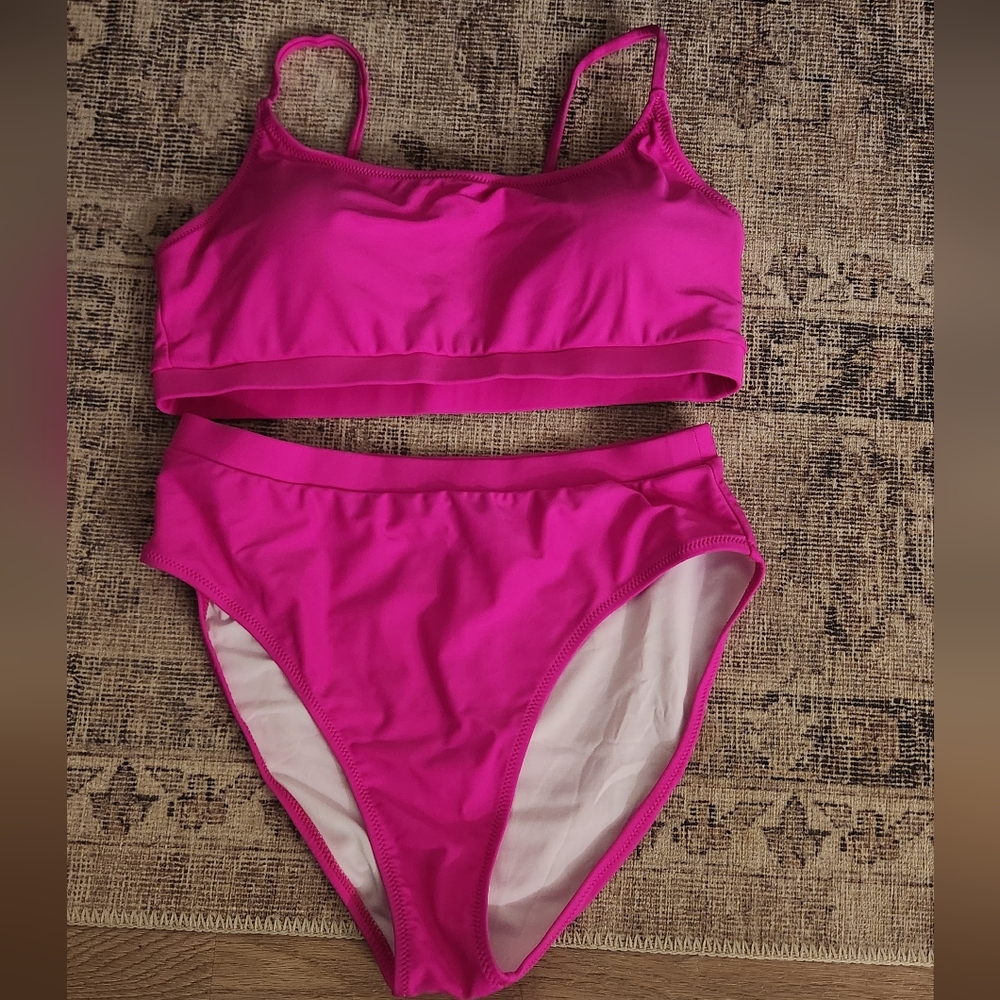 Vibrant Pink Women's Swimwear Set High Waisted